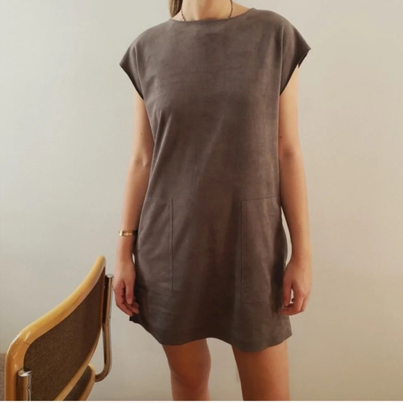 Aritzia Wilfred Free Faux Suede Dark Camel Brown Mini Dress Sz S Trompette Nori - Picture 3 of 9